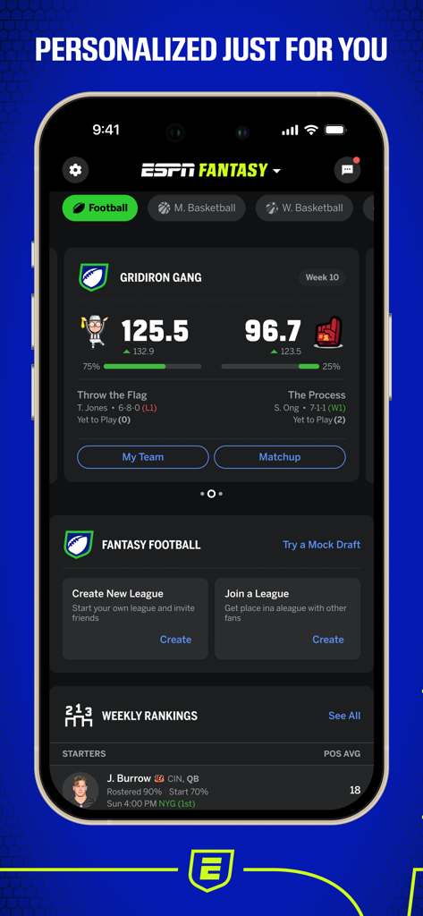 ESPN Fantasy Football app dashboard showing live matchup scores and weekly player rankings.