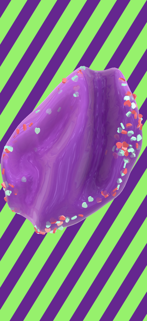 Slime Studio - A realistic purple glossy slime with heart-shaped confetti on a green and purple striped background