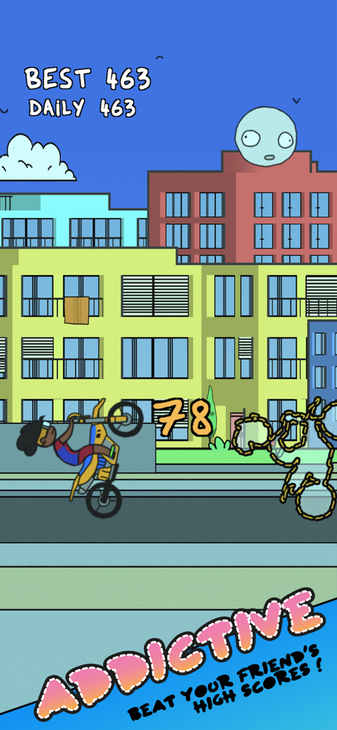 A cartoon character performing a wheelie on a yellow dirt bike in an urban setting in the Summer Wheelie mobile game