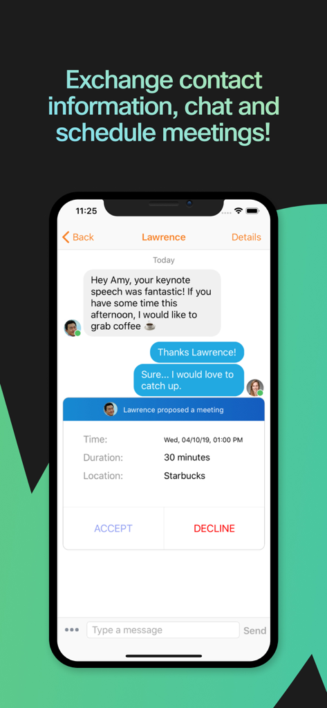 A smartphone showing the Webex Events App chat interface with a meeting invitation and options to accept or decline