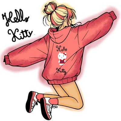 realistic girl jumping with a bun and oversized sweatshirt