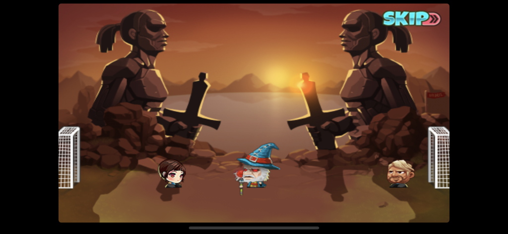 Head Soccer - Personagens do Head Soccer em pé entre duas estátuas gigantes de jogadores ao pôr do sol