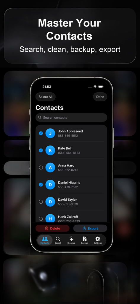 cSync: Sync Google Contacts,.. - Captura de tela do aplicativo cSync no iPhone mostrando uma lista de contatos com recursos de pesquisa, exclusão e exportação.