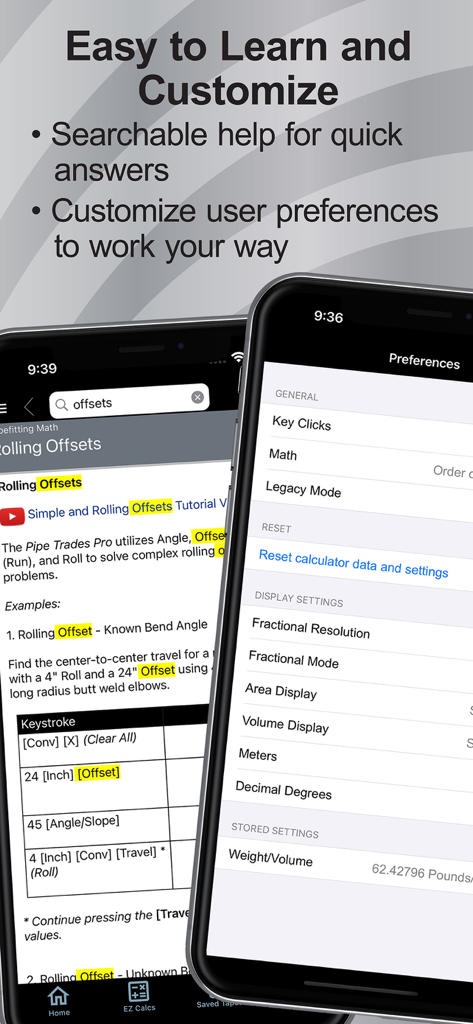 Interface de l'application Pipe Trades Pro Calc montrant un guide d'aide consultable pour les déports roulants et un menu pour personnaliser les préférences de calcul.