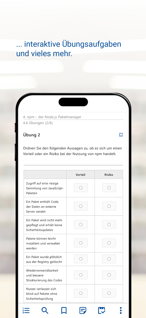 Node.js Kurs & Zertifikat - Screenshot einer interaktiven Übung zum npm-Paketmanager innerhalb der Node.js Kurs- und Zertifizierungs-App