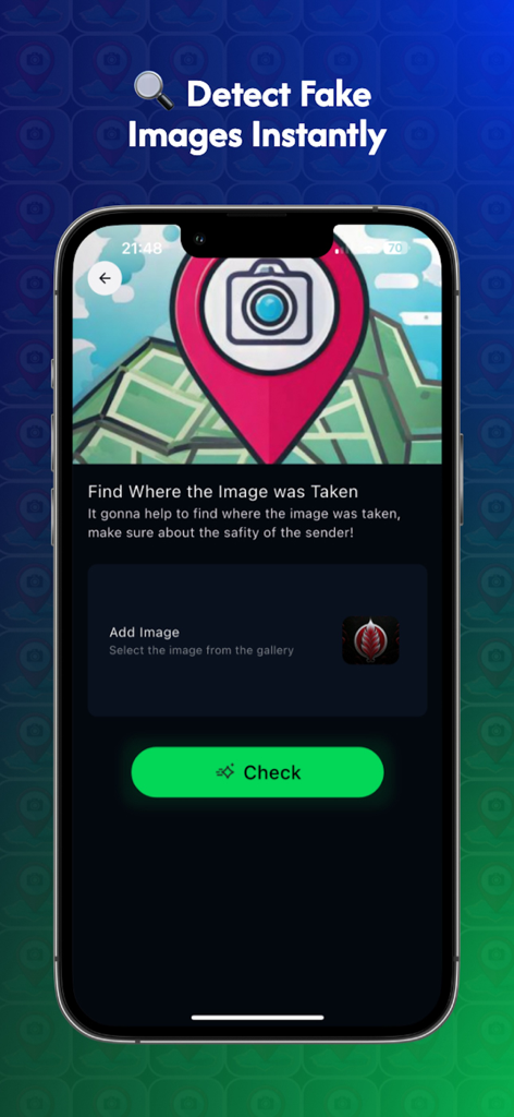 Fake Photo Finder & Locator - Interface do aplicativo Localizador e Detector de Fotos Falsas mostrando como detectar imagens falsas e encontrar locais