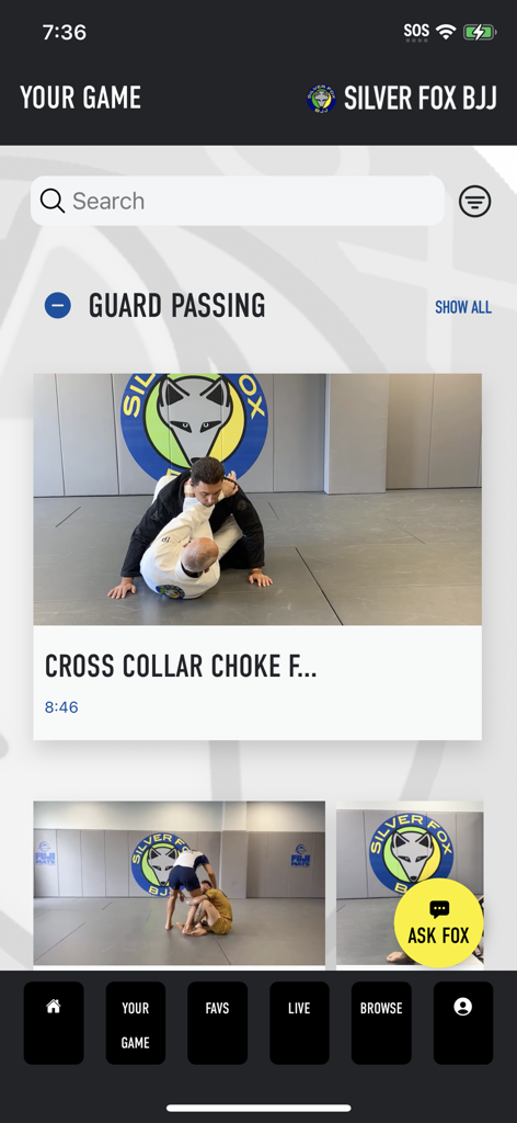 Silver Fox BJJ mobile app screen displaying BJJ guard passing instructional videos and techniques.