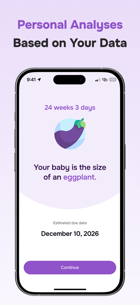 Pregnancy + Baby Tracker App - Clovy app showing baby size compared to an eggplant at 24 weeks
