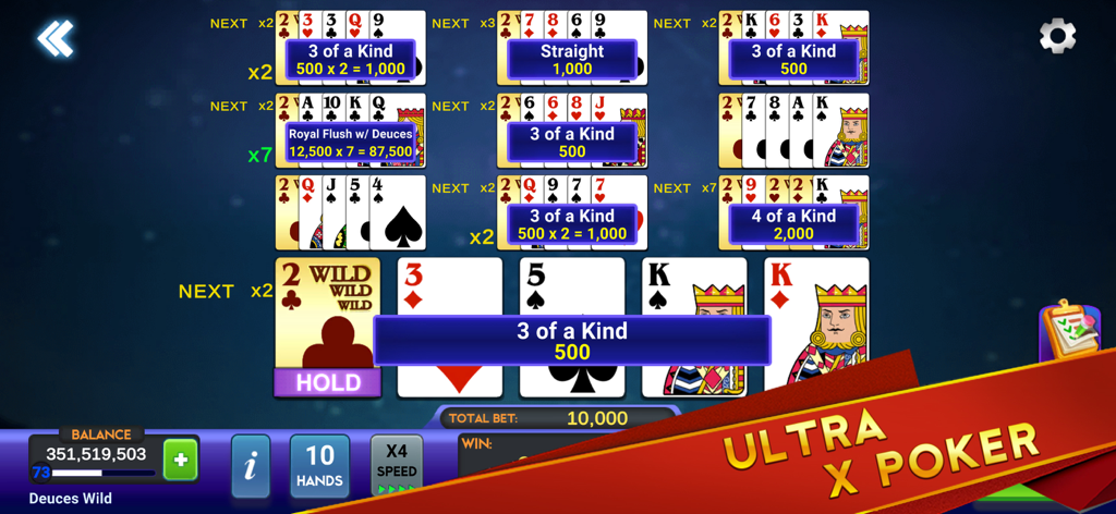 Multi-hand video poker gameplay of Ultra X Poker Deuces Wild with winning hands and multipliers.