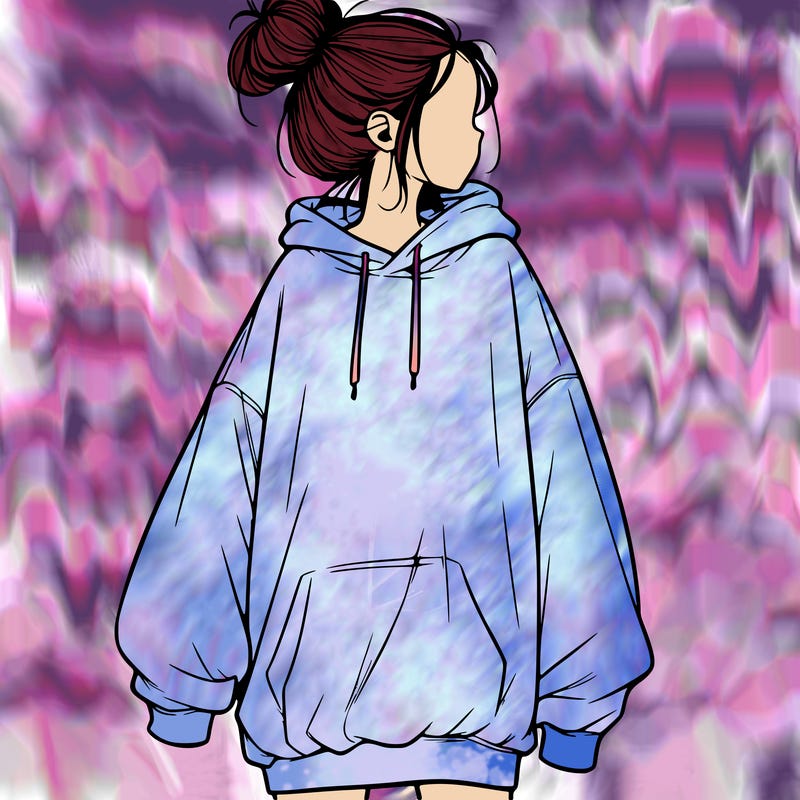realistic girl with a oversized sweatshirt on and a bun