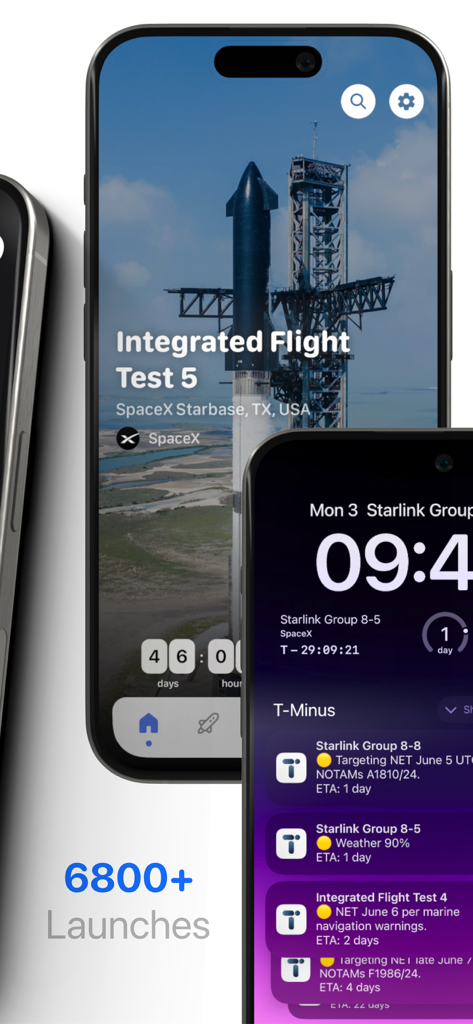 T-Minus – Space Launch Tracker - Interfaz de la aplicación T-Minus en iPhone mostrando la cuenta regresiva de SpaceX Starship y notificaciones de misión