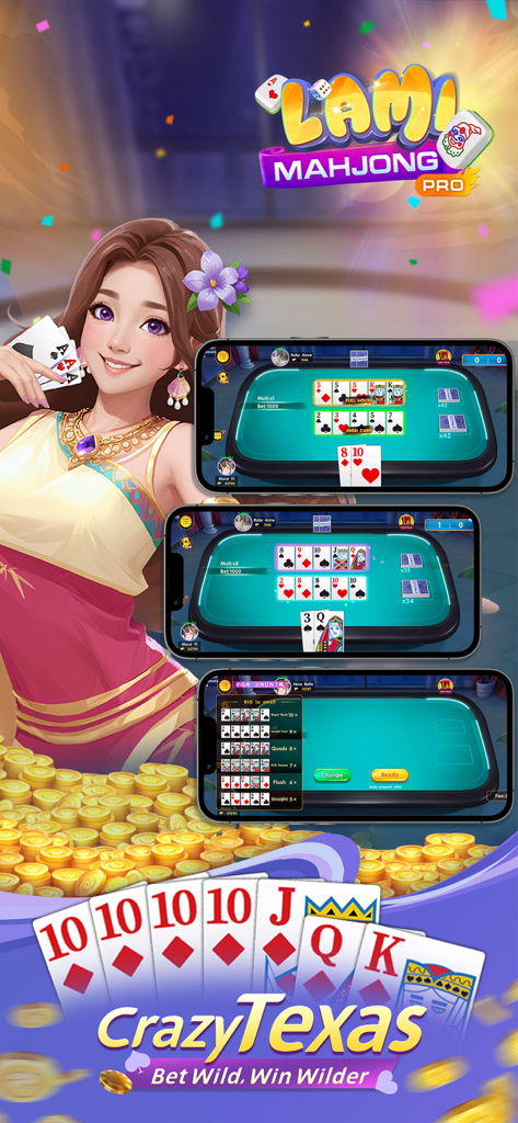 Mobile game interface for Lami Mahjong Pro showing the Crazy Texas card game mode with poker tables and virtual gold coins.