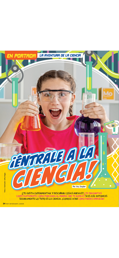 Muy Interesante Junior - A young girl with safety goggles holding colorful beakers for a science article in the Muy Interesante Junior app.