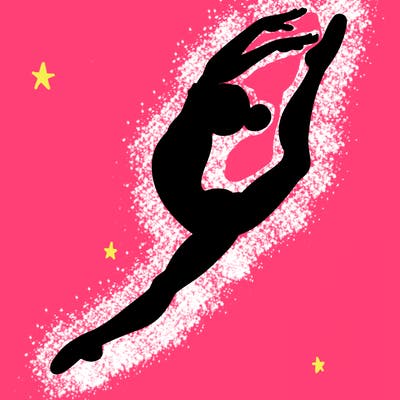 gymnast doing a leap in a leotard with a bent back leg