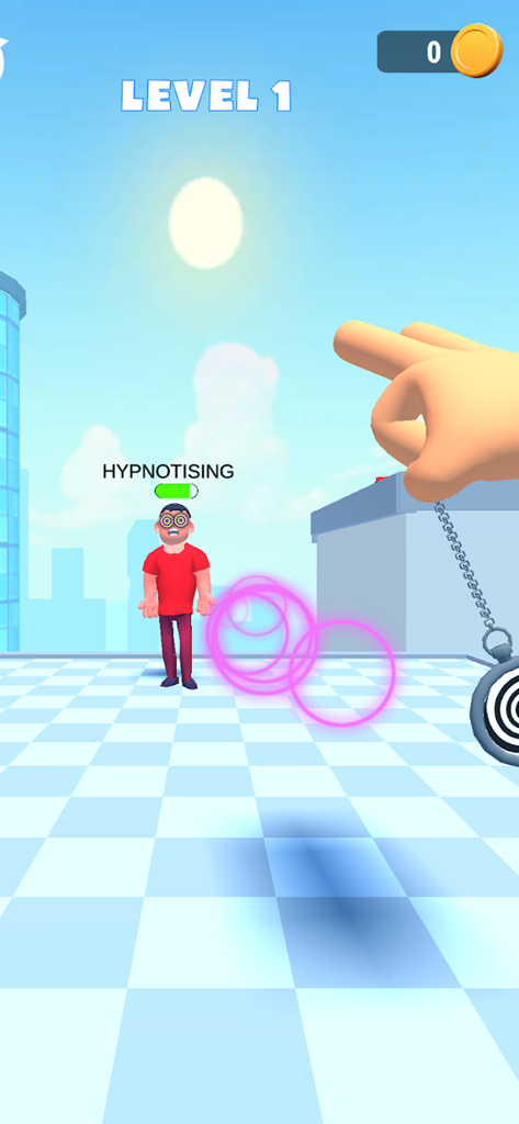 Hypnotise Master 3D - A first person view of a player hypnotizing an enemy using a pendulum in Hypnotise Master 3D
