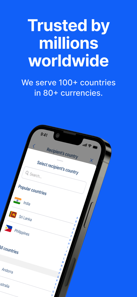 RemitBee Quick Money Transfer - RemitBee app screenshot showing recipient country selection for international money transfers in over 100 countries