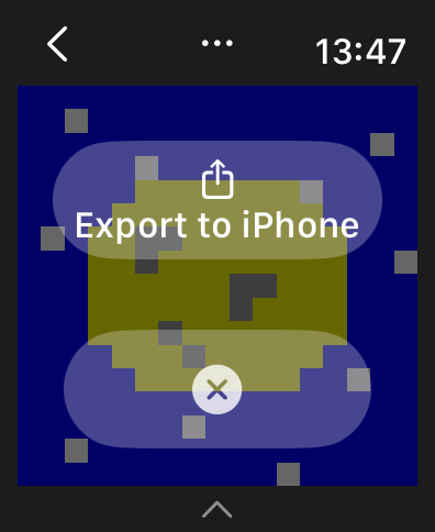 Apple Watch-Oberfläche mit einer Schaltfläche zum Exportieren auf das iPhone über einer benutzerdefinierten Pixelkunstkreation