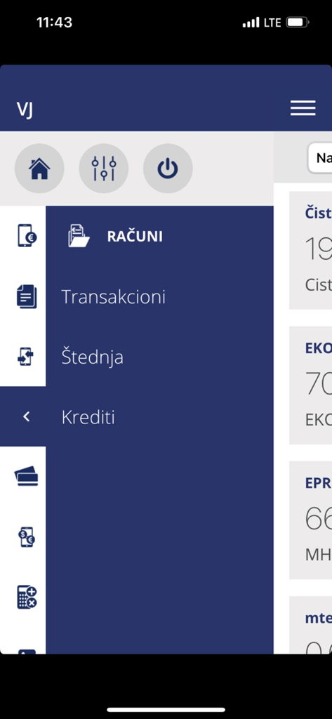 The side navigation menu of the mBank BPS app showing account and loan options.