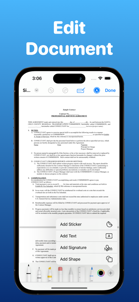 Signature Maker - eSign PDF - Smartphone-Bildschirm mit einer App-Oberfläche zum Bearbeiten und Hinzufügen einer Signatur zu einem PDF-Dokument