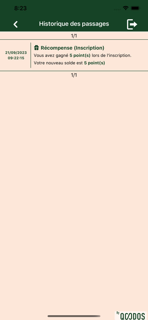 Pépite Libourne - Captura de pantalla de la pantalla del historial de recompensas en la app de fidelidad Pépite Libourne que muestra los puntos ganados al registrarse