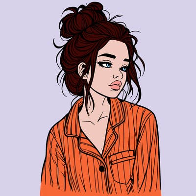 realistic woman with pajamas on and a messy bun