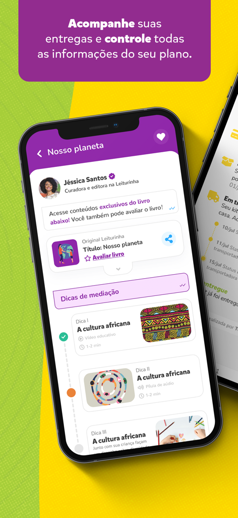 Leiturinha app interface showing delivery tracking and curated educational content for children