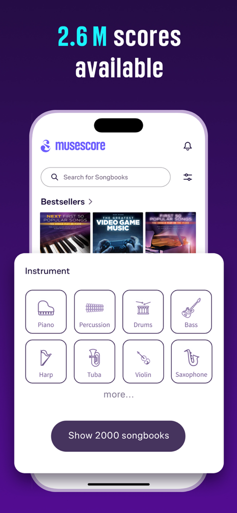 MuseScore: sheet music - MuseScore app interface showing the instrument selection screen to filter sheet music and songbooks