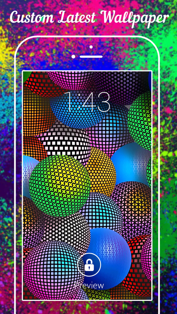 3D Wallpapers & Backgrounds - 3D lock screen Theme - iPhone lock screen preview showing a custom wallpaper with vibrant 3D patterned spheres