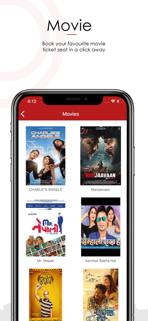 Schermata di prenotazione di film dell'app mobile PrabhuPAY che mostra poster di film sia internazionali che nepalesi.
