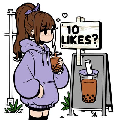 girl with oversized hoodie drinking boba and she has a high ponytail with a sign that says 10likes?