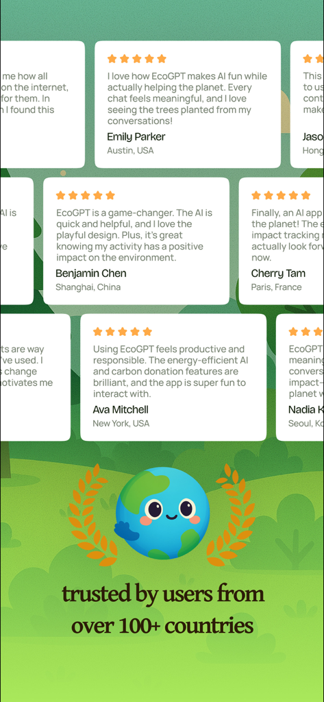 A collection of positive user reviews from different countries for the EcoGPT app featuring a cute earth mascot.