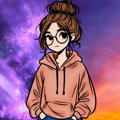 teen girl with a messy bun and glasses wearing a loose hoodie and jeans