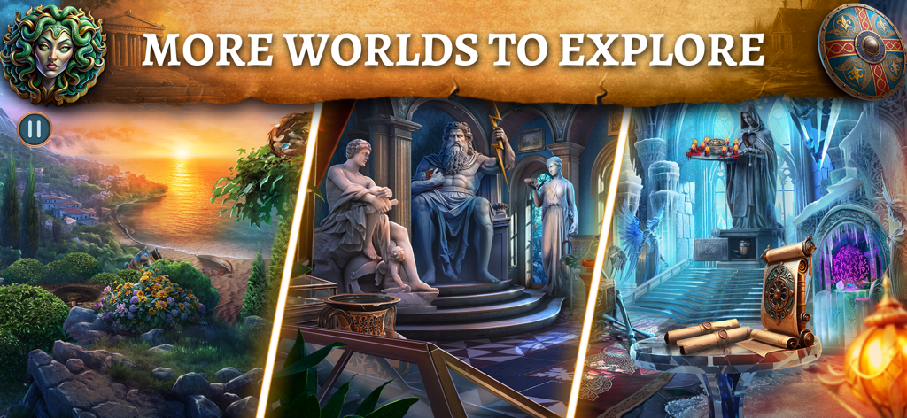 Mystery of Myth: Hidden Object - A collage showing different mythological environments in the game including a Greek temple and a Norse icy realm