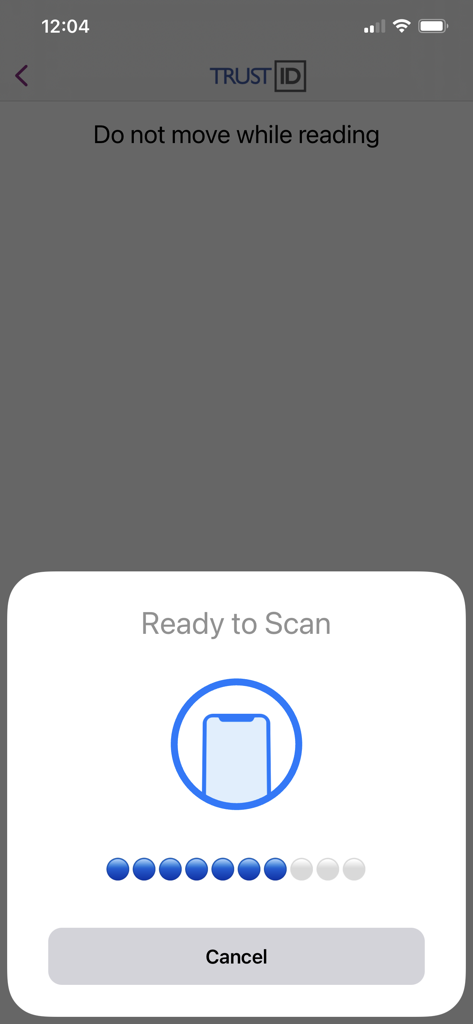 TrustID app interface showing the Ready to Scan message for reading an identity document NFC chip