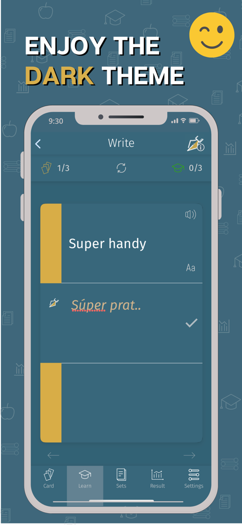 MemoWord flashcard app in dark theme showing vocabulary writing mode