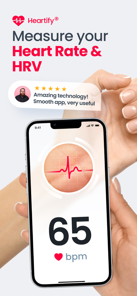 Heartify app on iPhone measuring heart rate with a reading of 65 bpm