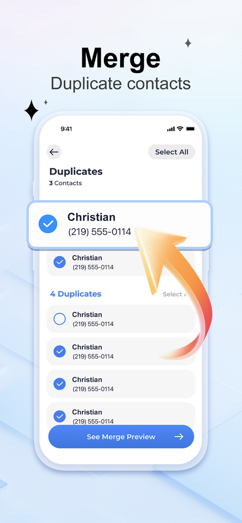 Spark Cleaner: Clean Storage - Spark Cleaner app interface for merging duplicate contacts on iPhone