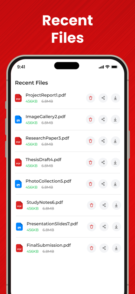 PDF Compressor－Compress PDF - Pantalla móvil que muestra una lista de archivos PDF comprimidos recientemente con sus tamaños originales y reducidos.