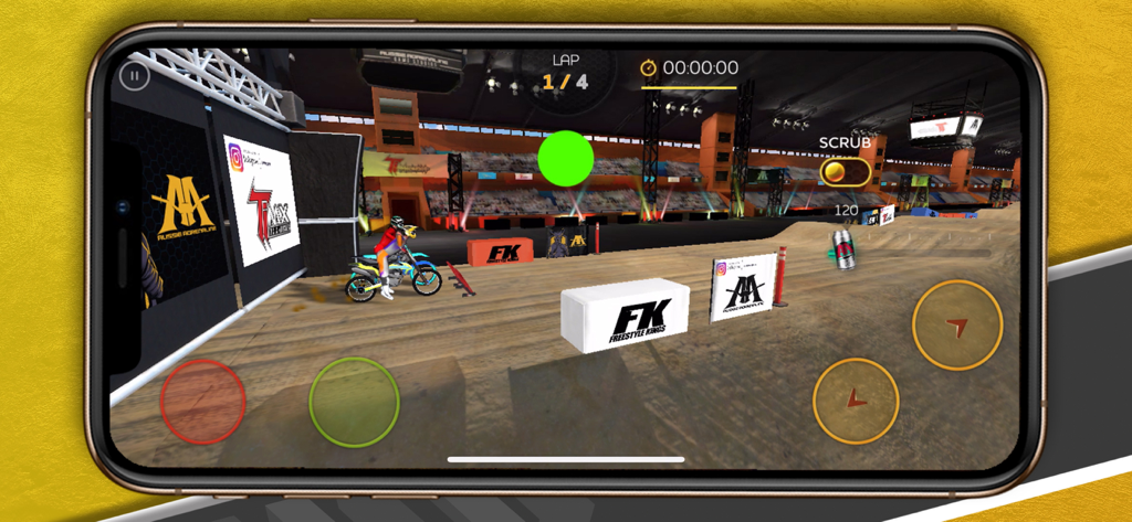 TiMX: This is Motocross - A rider on a dirt bike at the start of a stadium track in the TiMX Motocross game with mobile UI controls visible
