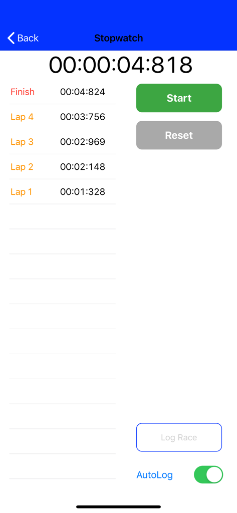 Video Stopwatch SC - Manual stopwatch interface displaying high precision lap and finish times