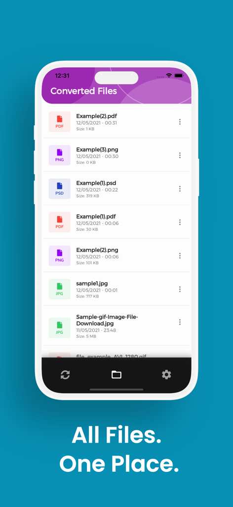 SVG Converter, SVG to PNG - Uma lista de arquivos convertidos em PDF, PNG, PSD e JPG no aplicativo Conversor de SVG.