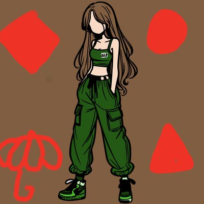 girl in baggy pants crop top and long hair