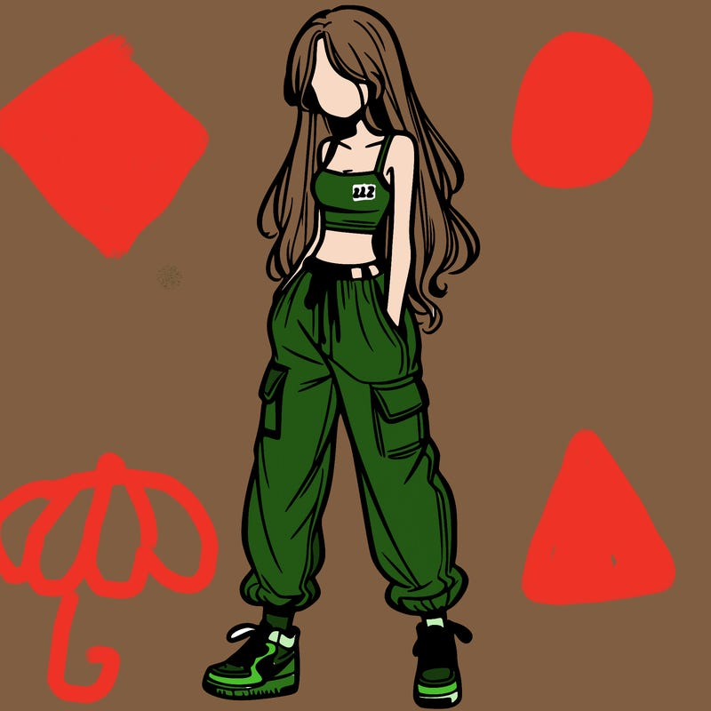 girl in baggy pants crop top and long hair