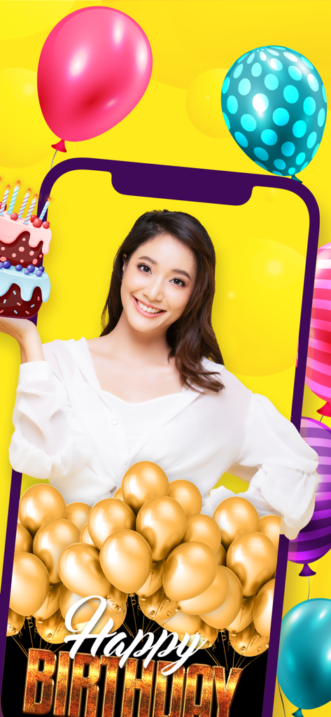 Bday Video Maker, Wishes, Card - A woman’s portrait in a personalized birthday photo frame with gold balloons and a cake