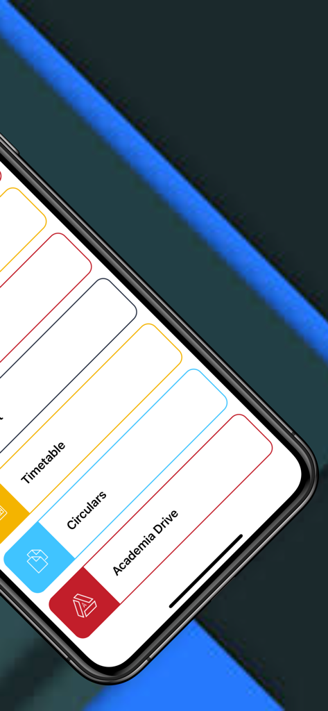 Academia @ Stasy - Interface of the Academia Stasy education app showing menu options for Timetable Circulars and Academia Drive