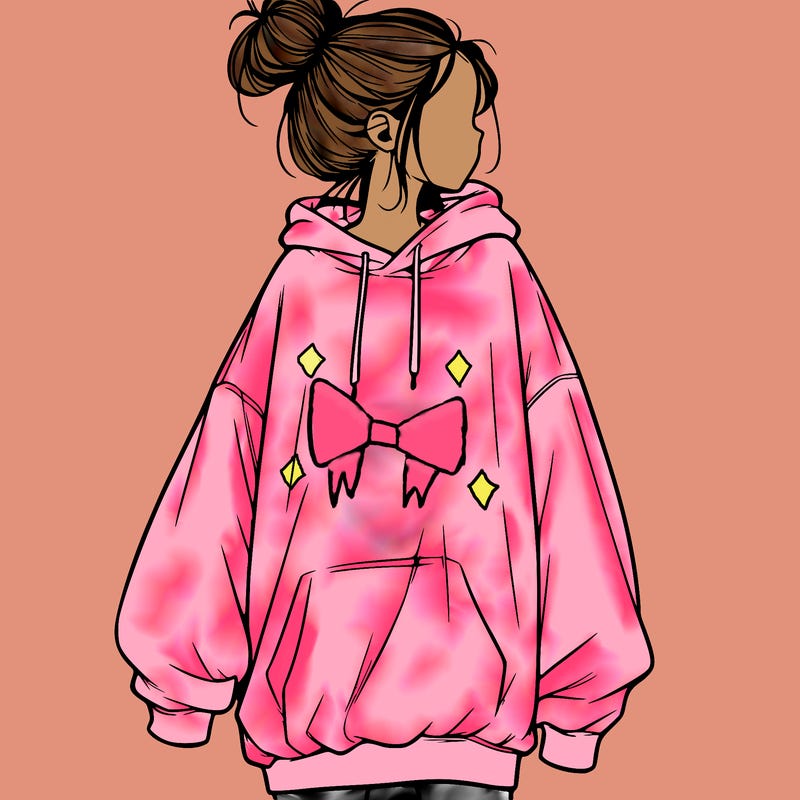 realistic girl with a oversized sweatshirt on and a bun