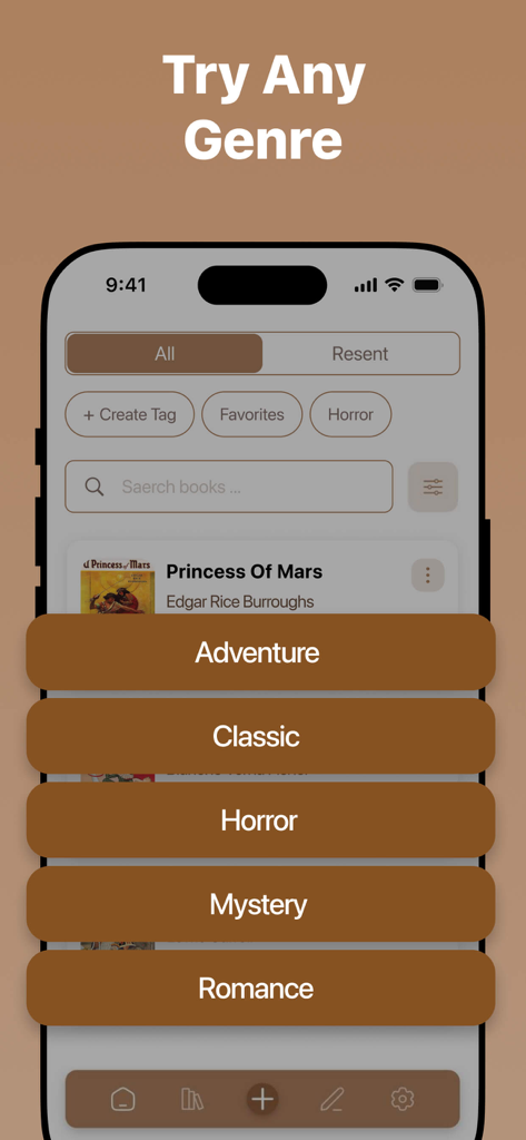 ePub Reader - eBook Viewer - Ebook reader app interface showing a list of books and genre categories like Adventure Classic and Horror