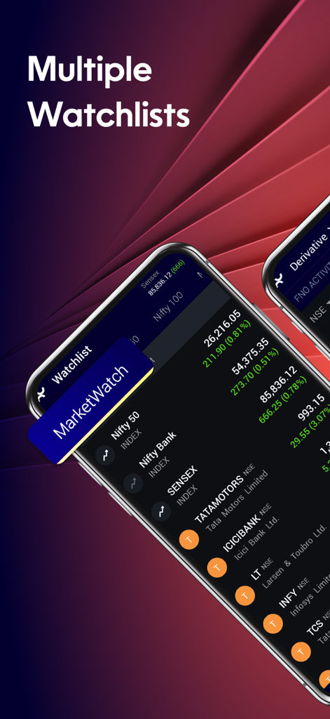 Nuvama: Live Share Trading App - Nuvama trading app interface showing multiple stock market watchlists