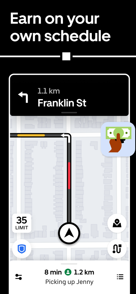 Uber Driver app interface showing a navigation map with the headline Earn on your own schedule