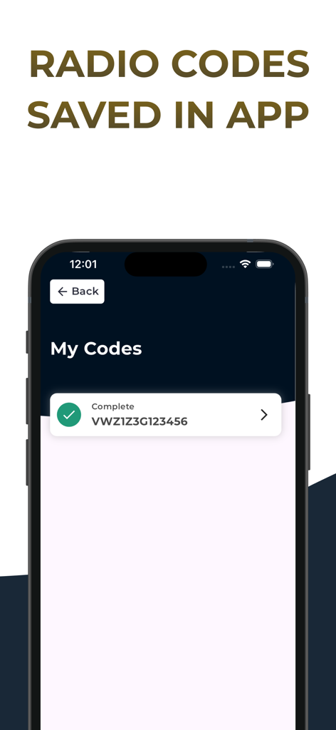 Radio Codes Generator VW - Mobile App-Bildschirm, der eine Liste gespeicherter Radio-Codes für Volkswagen-Fahrzeuge im Abschnitt "Meine Codes" anzeigt